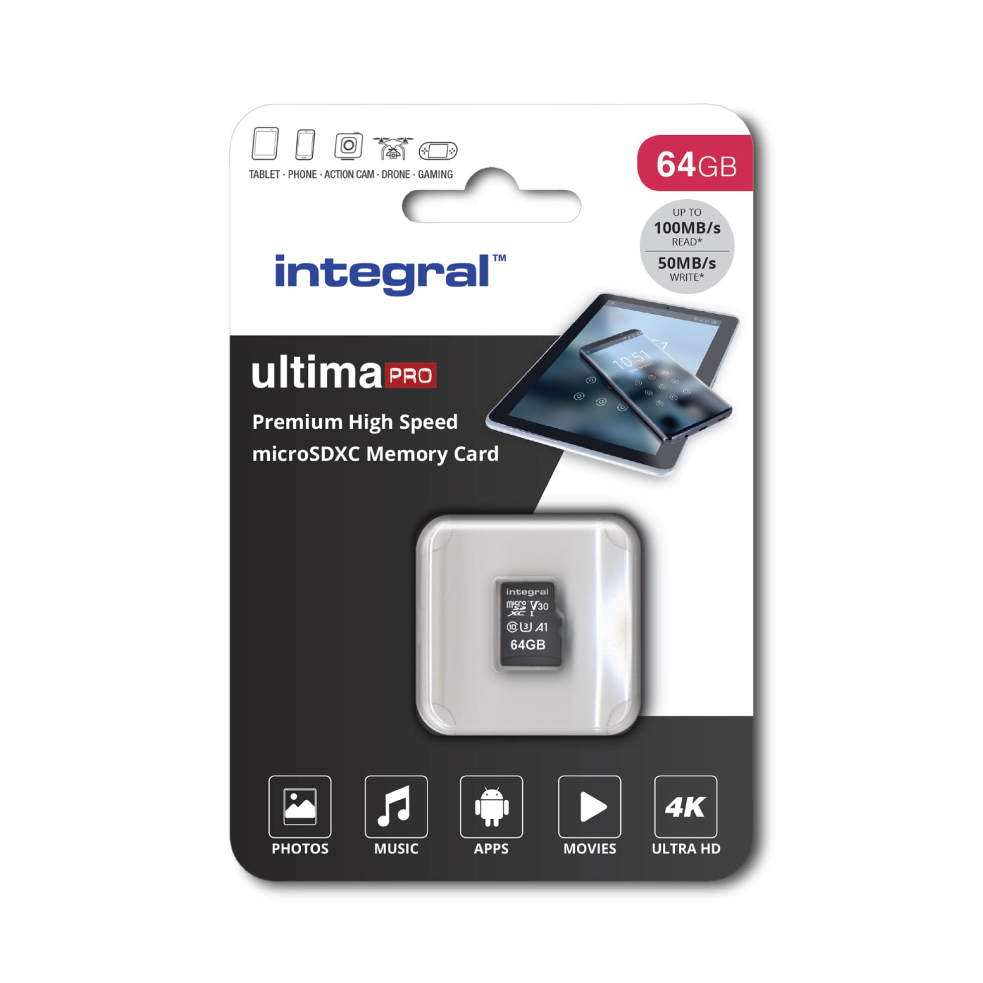 INTEGRAL INMSDX64G-100/70V30 Integral 64GB MICRO SDXC 70V30, R:100MB/s W:70MB/s U3 V30 + ADAPTER
