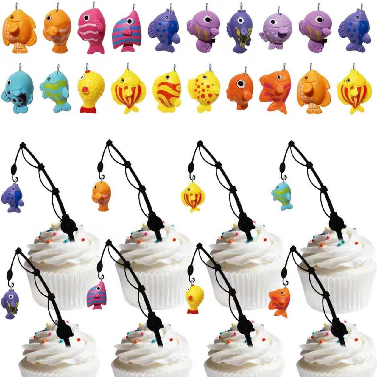 Mini Fishing Rod Cupcake Toppers, 20 Pcs with Colorful Fish Charms, Birthday Party Decorations (20)