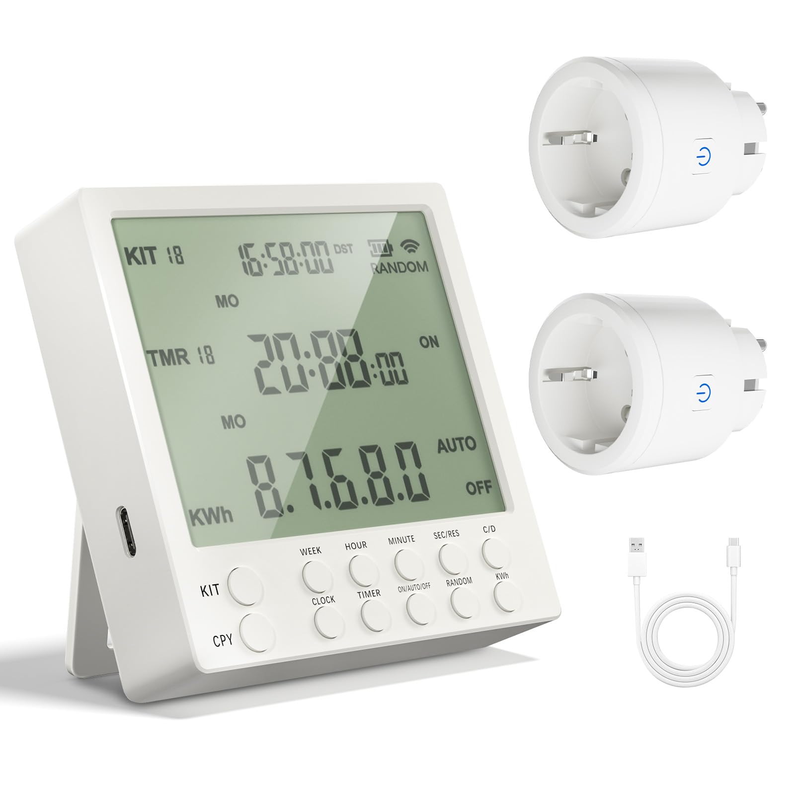 Timer Presa Elettrica 24 Ore con 19 Programmi On/Off, Presa con Timer con Conto alla Rovescia e Modalità Casuale per Sicurezza Domestica, Temporizzatore Presa Elettrica 16A / 230V