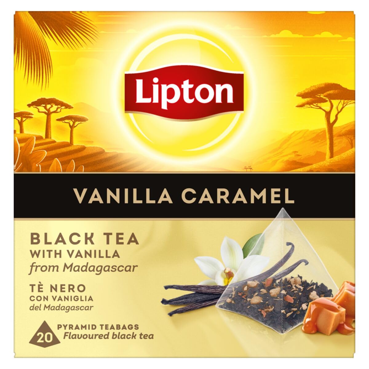 Lipton Schwarztee Vanilla Caramel, mit Vanille aus Madagaskar und Karamellflocken, für einen Moment der puren Zufriedenheit, Pyramidenbeutel, 20 Stück