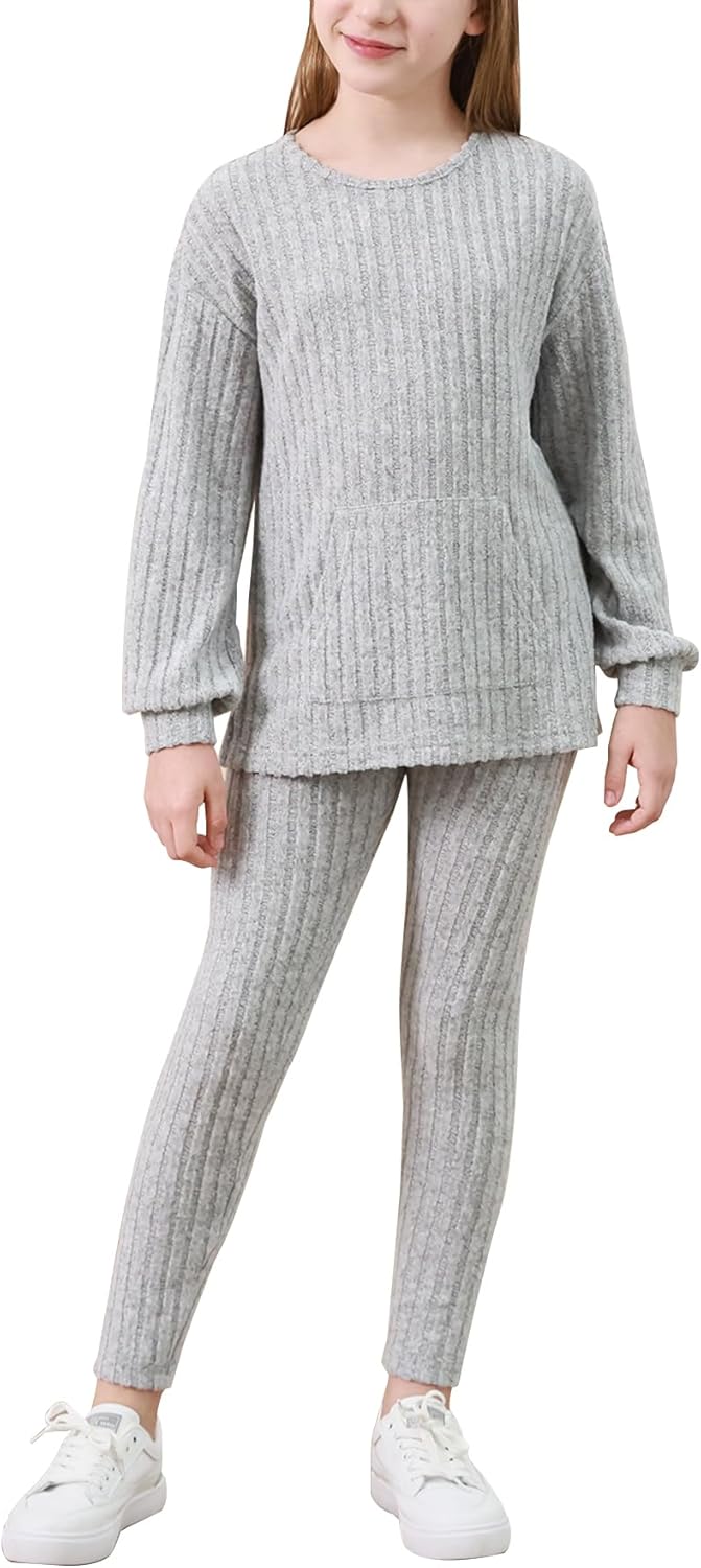 GORLYA Teen Girls 2 Piece Sweat Outfits Long Sleeve Ribbed Knit Sweatshirt Casual Legging Pant Kids Clothes Sets 6-14Y