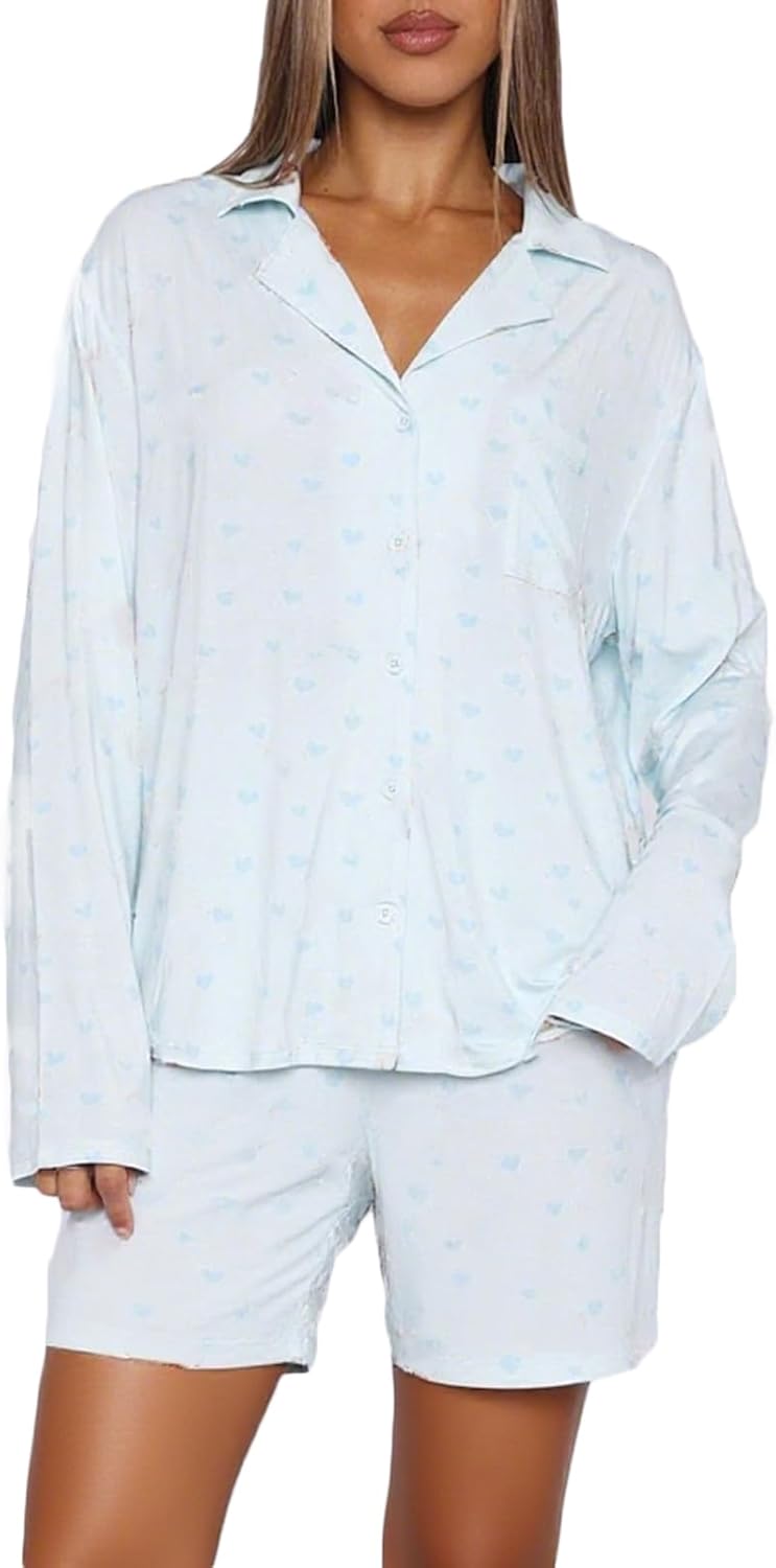 RUEWEY Women 2 Piece Pajamas Set Button up Long Sleeves Shirt and Elastic Shorts Set Loungewear Soft Sleepwear