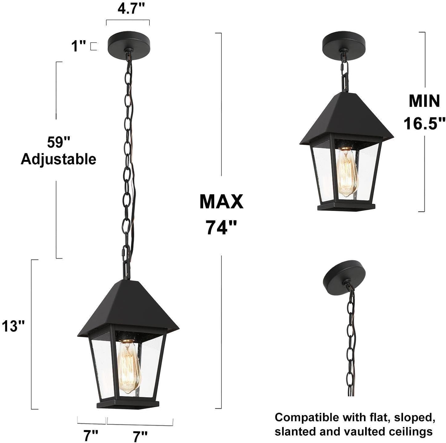 LALUZ Outdoor Pendant Light for Porch, Black Outdoor Pendant Hanging Light with Seeded Glass Waterproof Exterior Light Fixture for House, Patio, Yard