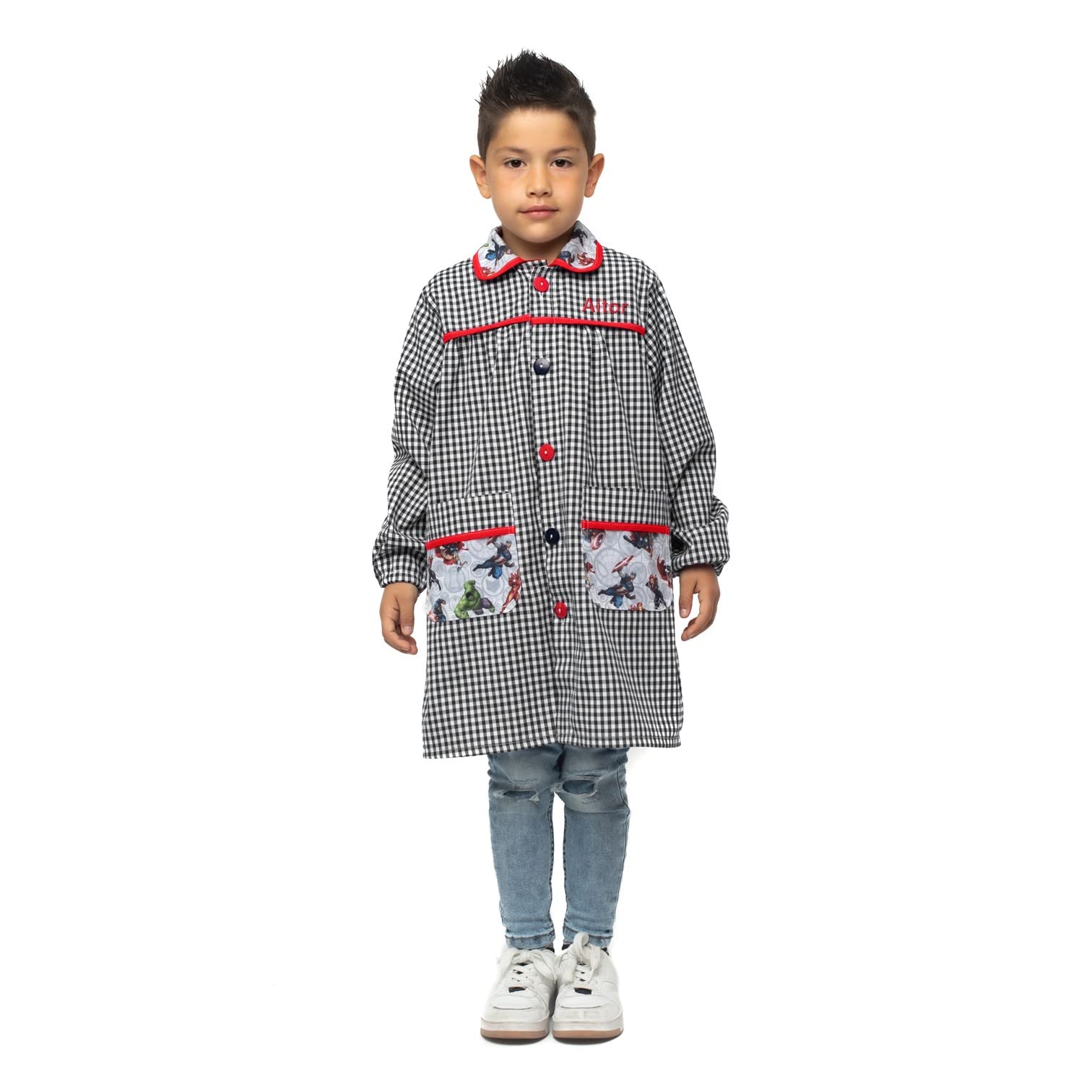 Conjunto Escolar para Colegio o guardería: Mandilón, babi o Bata Escolar + Bolsa merienda Bordado con el Nombre. Modelo Marvel – Nenel (1-2 años, Negro/Rojo)