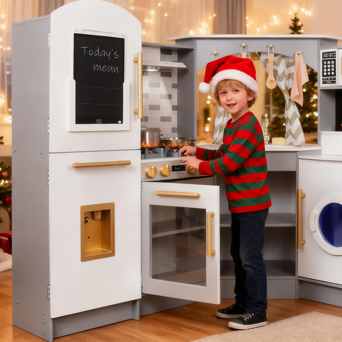 Large Wooden Corner Play Kitchen Sets with Ice Maker,Water Dispenser,Bread Maker,Washing Machine,Electronic Display,Toy Sink with Running Water,Stove with Light&Sounds, Birthday Gift for 3+ Grey