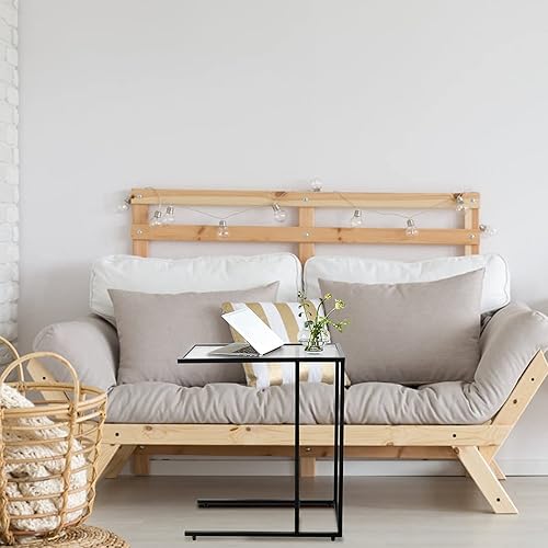 Miniatura 2 de bangtane Mesa auxiliar en forma de C, mesa auxiliar de sofá con parte superior de vidrio templado, mesa industrial con marco de acero sólido, ligera