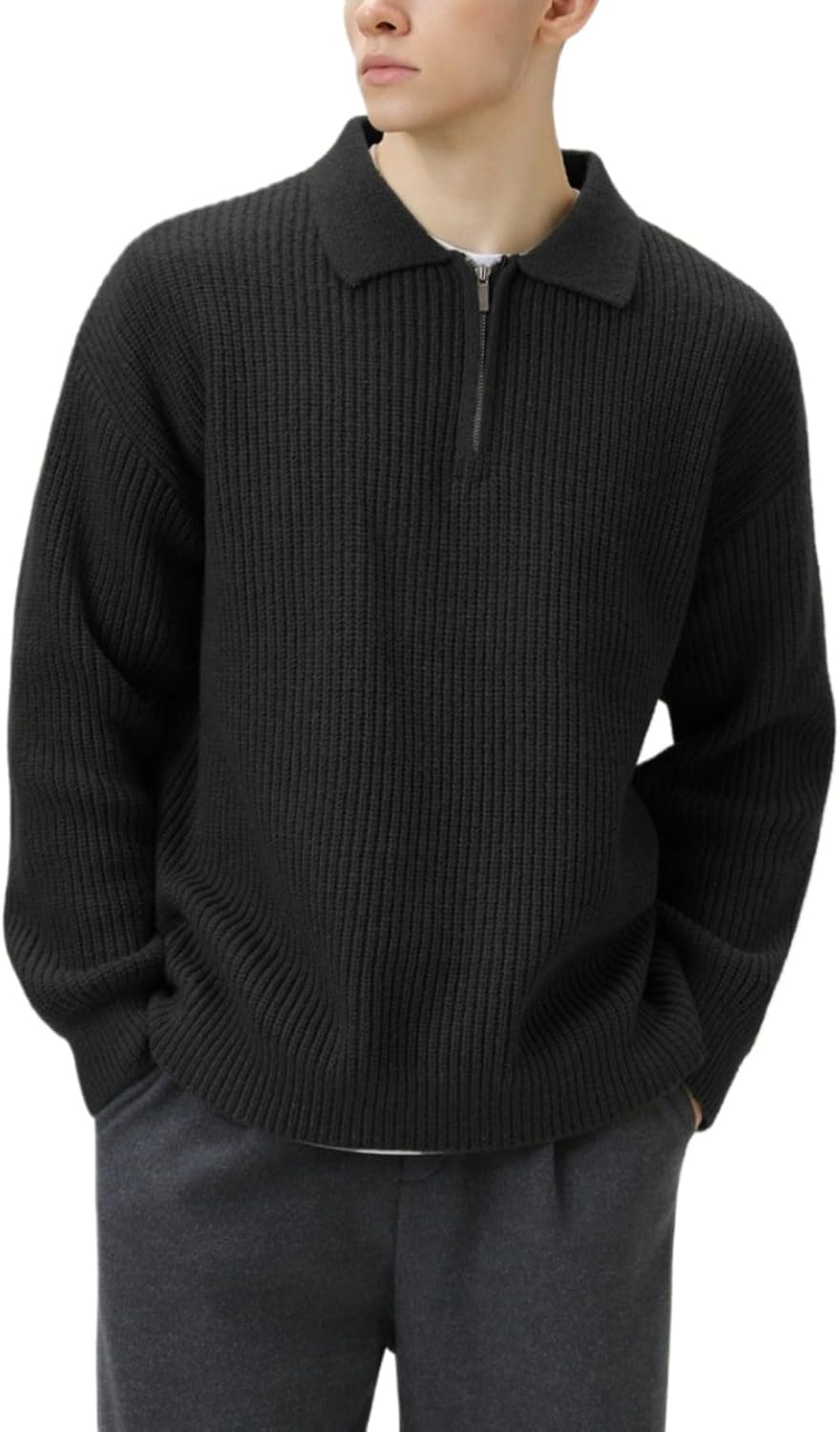 POHADON Men Quarter Zip Up Collared Neck Sweater Vintage Aesthetic Chunky Grandpa Grunge Clothes Fall Winter Korean Fashion