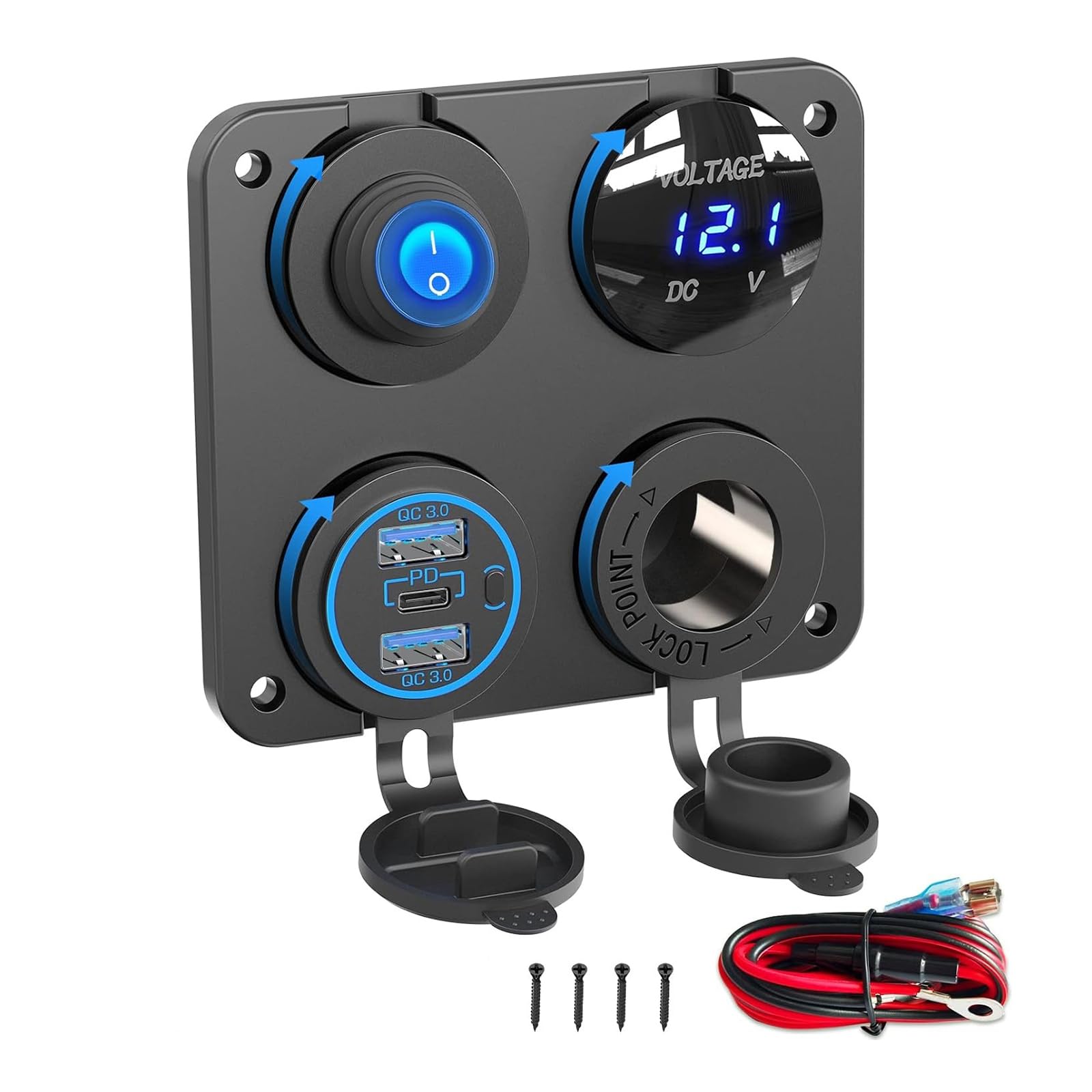 12-V-24-V Marine Ladegerät Steckdose mit Schnelllade Stromversorgung und digitalem Voltmeter ABS Ladesteckdosentafel, austauschbare Fahrzeugsteckdosen