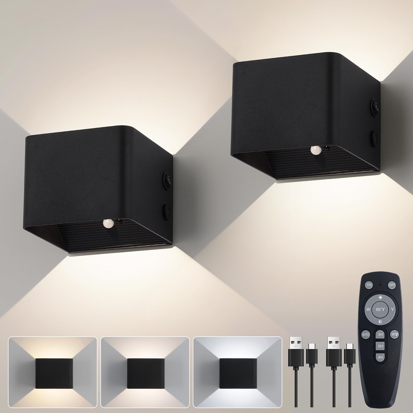 Battery Wall Lamp Indoor with Motion Sensor, Remote Control, 3 Colours, Wall Light, Up and Down Indoor LED Wall Light, 3 Modes, Rechargeable Battery Operated Wall Lights, Brightness, Adjustable, Black