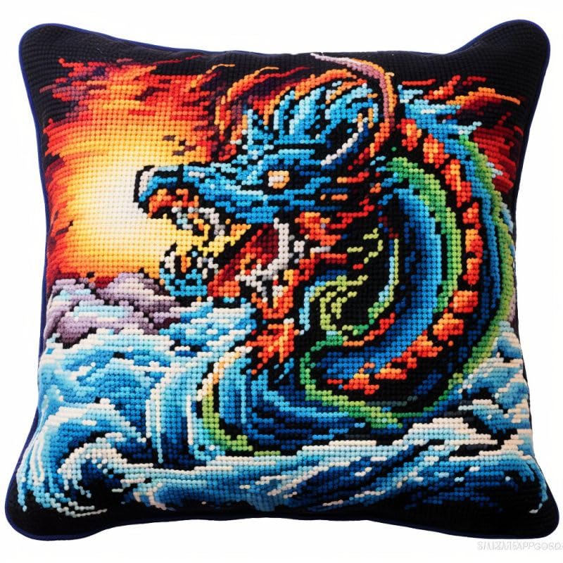 Image of Dragon in Water Latch Hook Pillowcase Kit by Generic for Adults - DIY Cushion Cross Stitch Latch Hook Rug Kit with Preprinted Canvas Crochet Yarn Kit Needlework Crafts 17'' X 17''
