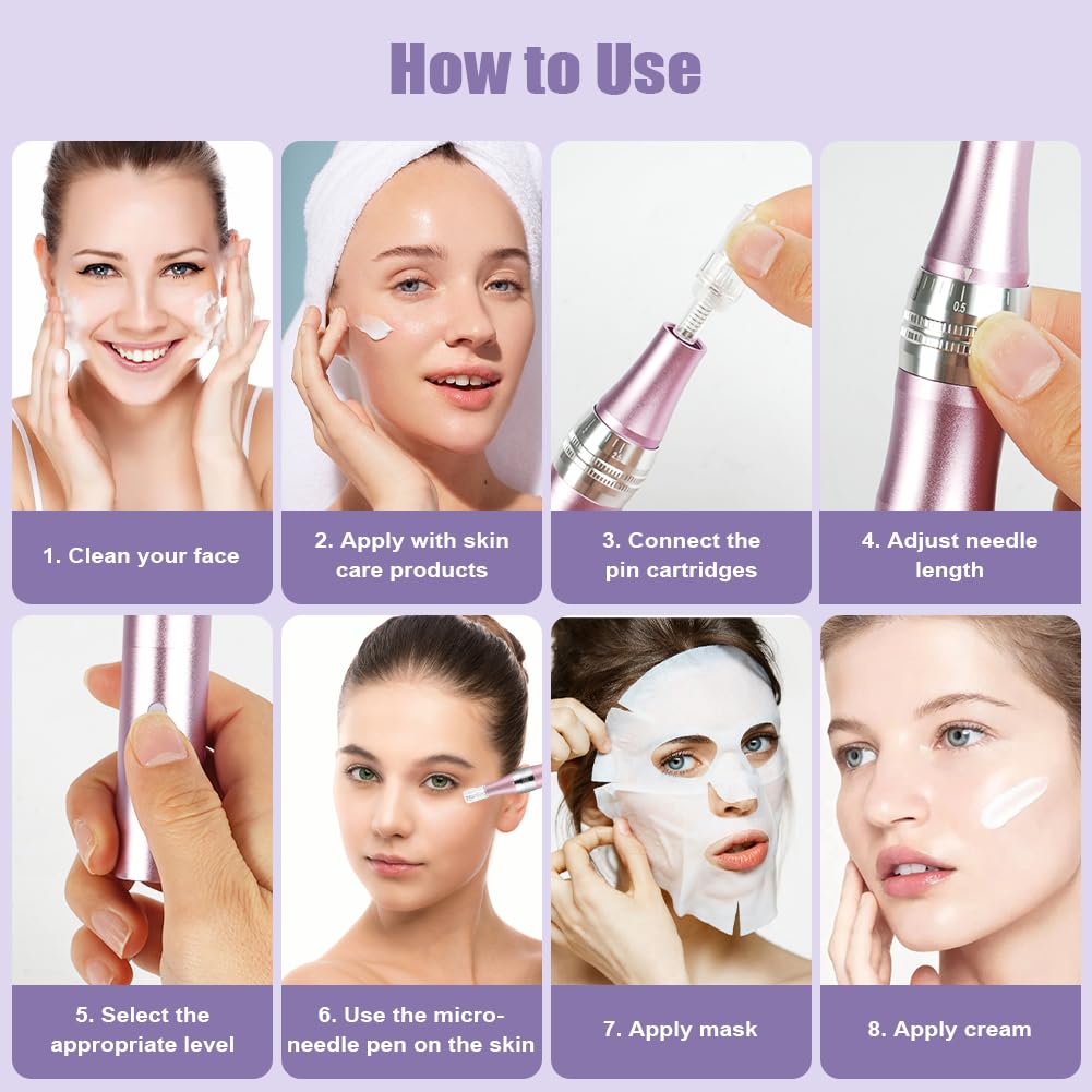 Vicloon Elektrisch Microneedling Pen, Drahtloser Elektrischer Dermapen Mikroneedling mit LCD Bildschirm und 5 Stufen, Einstellbar 0-2,5mm, Microneedle Haut Reparatur Tool (inkl.12 Nadelköpfe)-Rosa