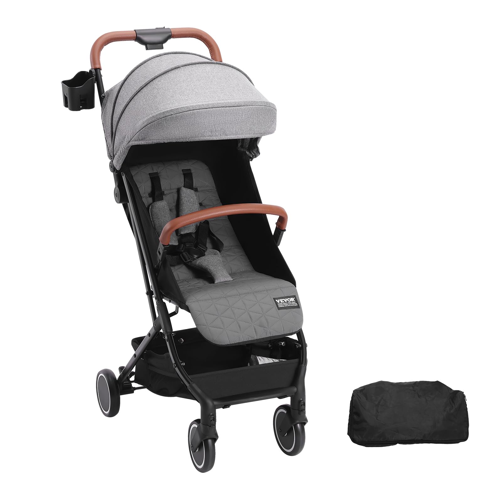 VEVOR Poussette standard pour bébé, poussette pour tout-petit avec dossier réglable 95° à 175° repose-pieds réglable 0/90° pliable en un clic porte-gobelet sac de transport pour nouveau-né, gris foncé