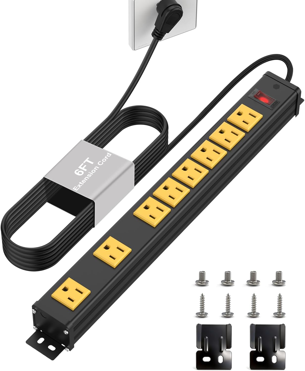 8 Outlet Heavy Duty Metal Power Strip, Wall Mount with 2.55 inch Wide Spacing, 6 FT Flat Plug Extension Cord with Switch, 1875W 15A 125V, ETL Listed for Garage Workshop Home Office