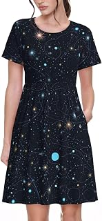 Womens Summer Dress Short Sleeve Empire Waist Dress Beach Sundresses with Pockets Constellation Star Clusters Galaxies Mini Dress 2026