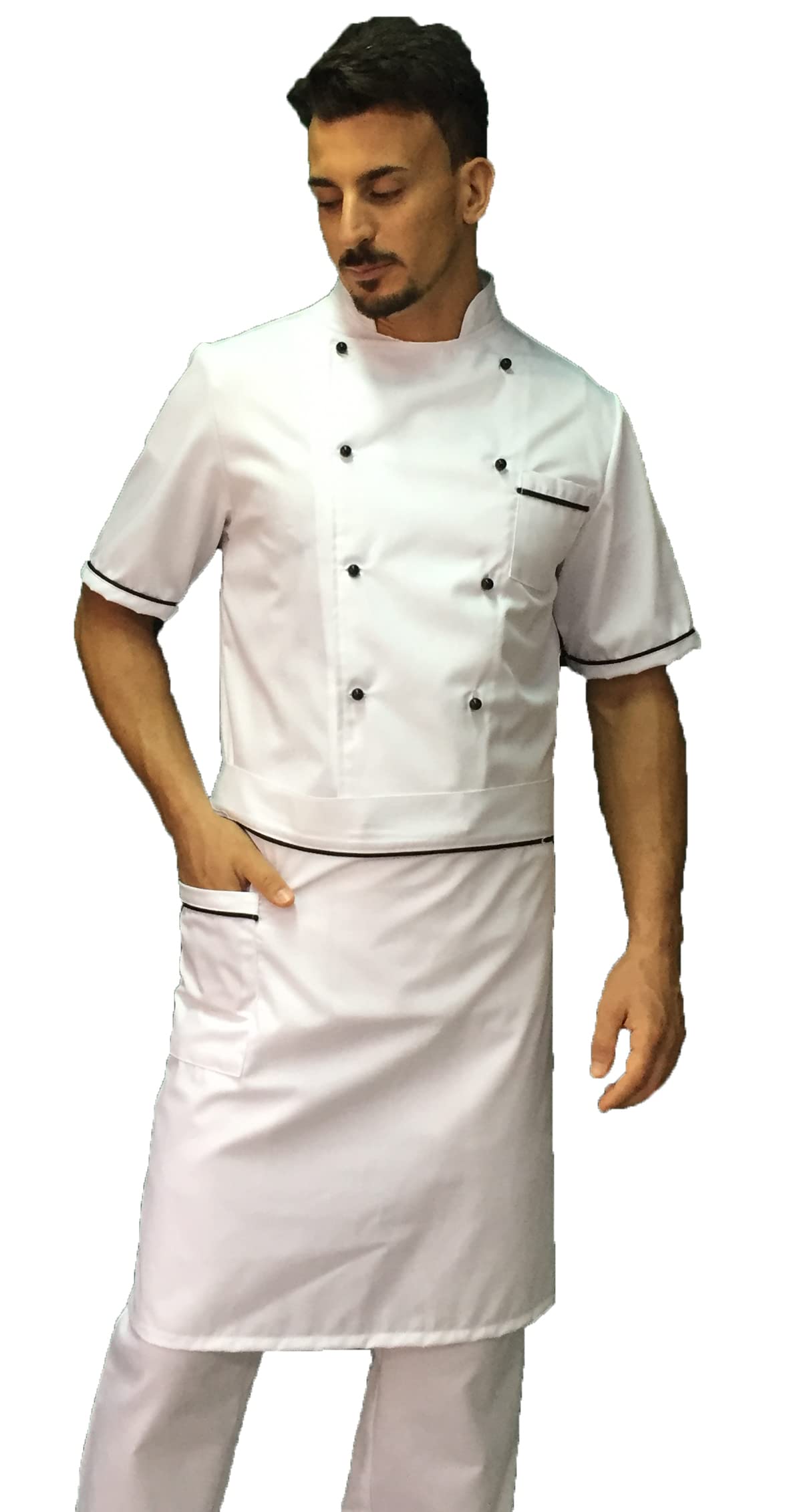 Bordado gratuito – Conjunto de cocinero para hombre – blanco y negro – uniforme de chef de manga corta – chaqueta, pantalón y delantal – 100% algodón – Uniforme para cocina y