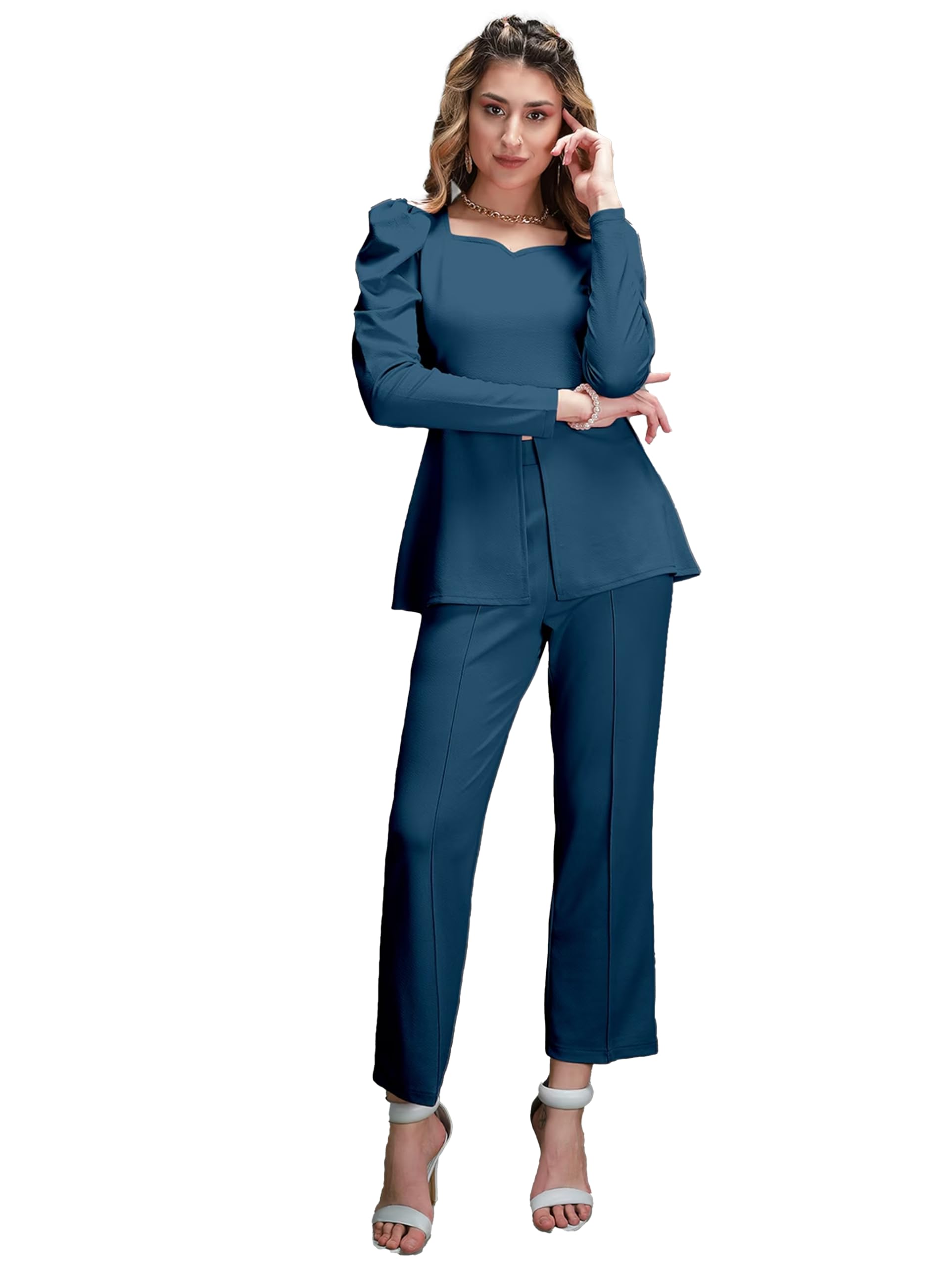 Elliti Solid Relaxed Fit Full Sleeve Co-Ord Set For Women's | Coord Sets | Top And Formal Trouser Co Ord Set For Women (Set Of 2 Piece) (Size L) (Color Air Force/Teal)