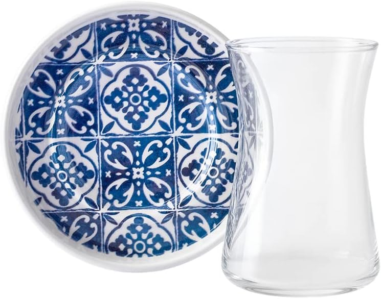 KARACA Mavili Turkish Tea Cups Set - 12 Piece Turkish Tea Glasses and Stoneware Saucers - Authentic Glass Drinking Sets for 6 People - Ideal Adult Teacup Set (170 ml)