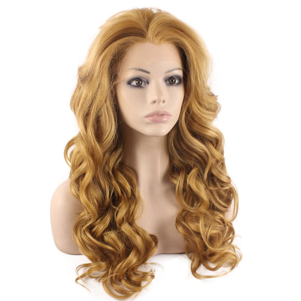 MX angel Long Wavy Celebrity Synthetic Lace Front Half Hand Tied Heat Friendly Fiber Blonde Natural Wig