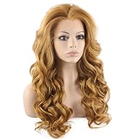Vista 2 de Mxangel - Peluca larga ondulada con encaje frontal sintético y medio atado a mano, fibra rubia