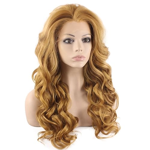 Miniatura 3 de Mxangel - Peluca larga ondulada con encaje frontal sintético y medio atado a mano, fibra rubia