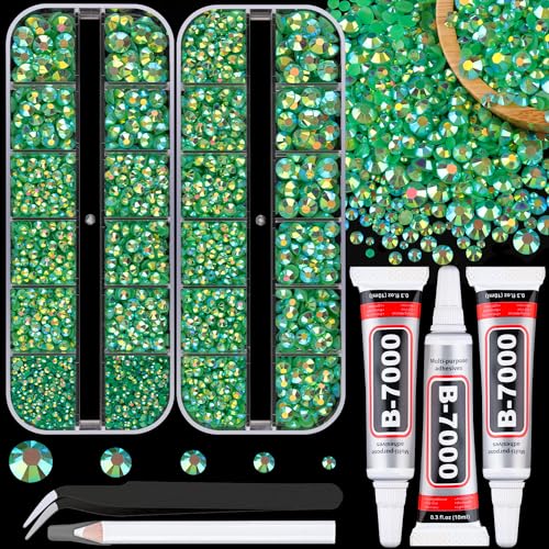 Image of Resin Jelly Rhinestones for Crafting with B7000 Jewelry Glue, 2 Boxes Dark Green AB Flatback Crystals with 3Pcs 10ml Glue, Bedazzling Non Hotfix Gems for DIY Tumblers Clothing Shoes Manicure