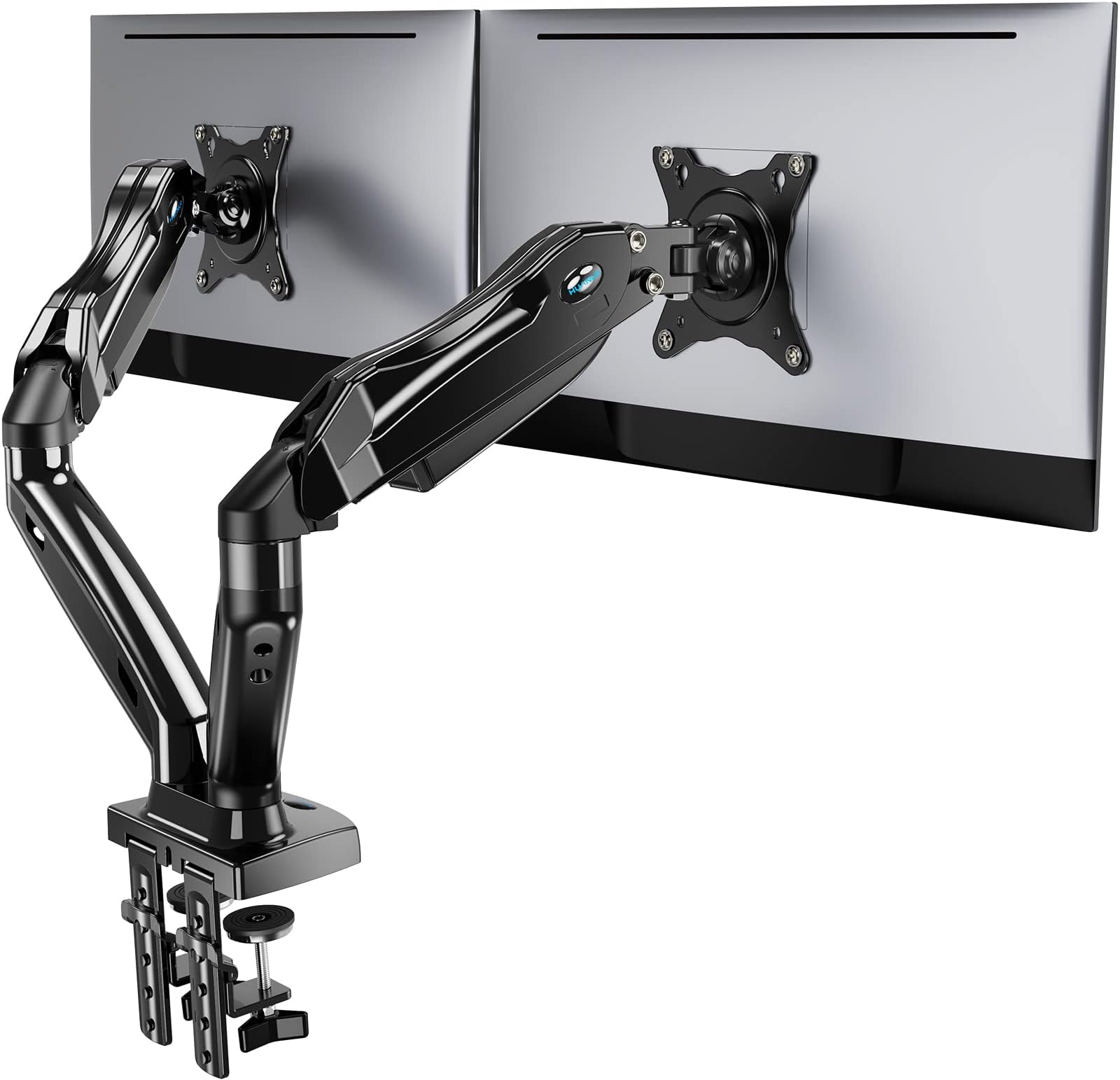 HUANUO Dual Monitor Stand - Adjustable Spring Monitor Desk Mount Swivel Vesa Bracket with C Clamp, Grommet Mounting Base for 17 to 27 Inch Computer Screens - Each Arm Holds 4.4 to 14.3lbs