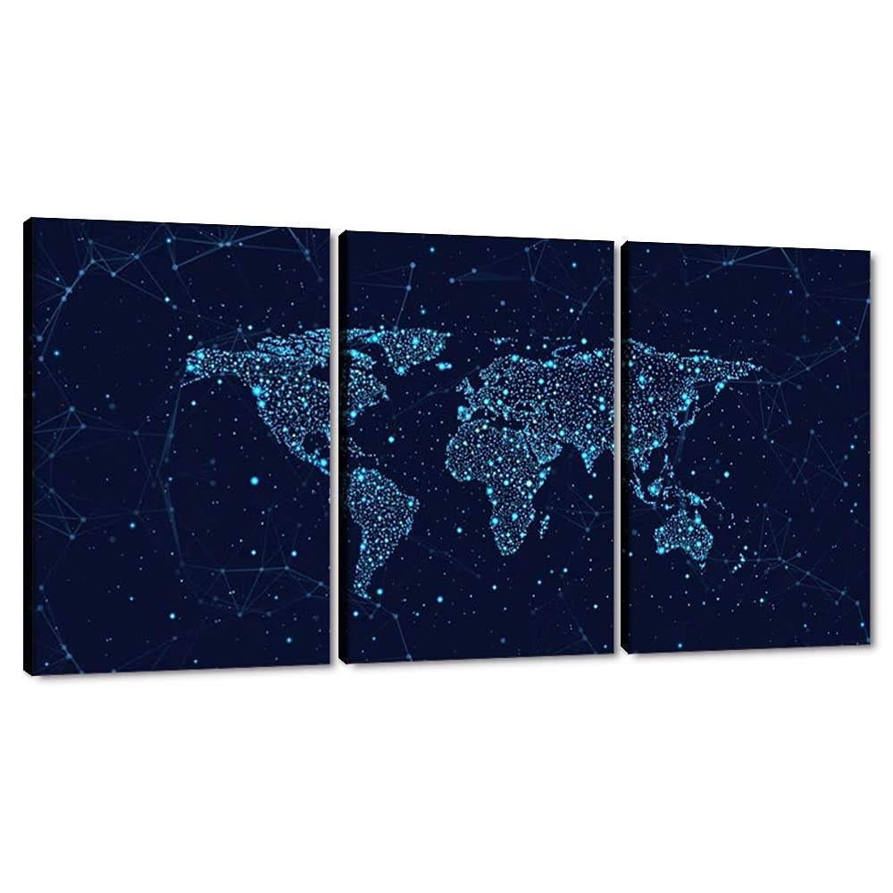 bpaCanvas Wall Art 3 Panels World Map Pictures Blue Constellation Background Painting Modern Abstract Posters Prints Artwork Home Decorations for Living Room Framed Ready to Hang - 24"x36"x3pcs