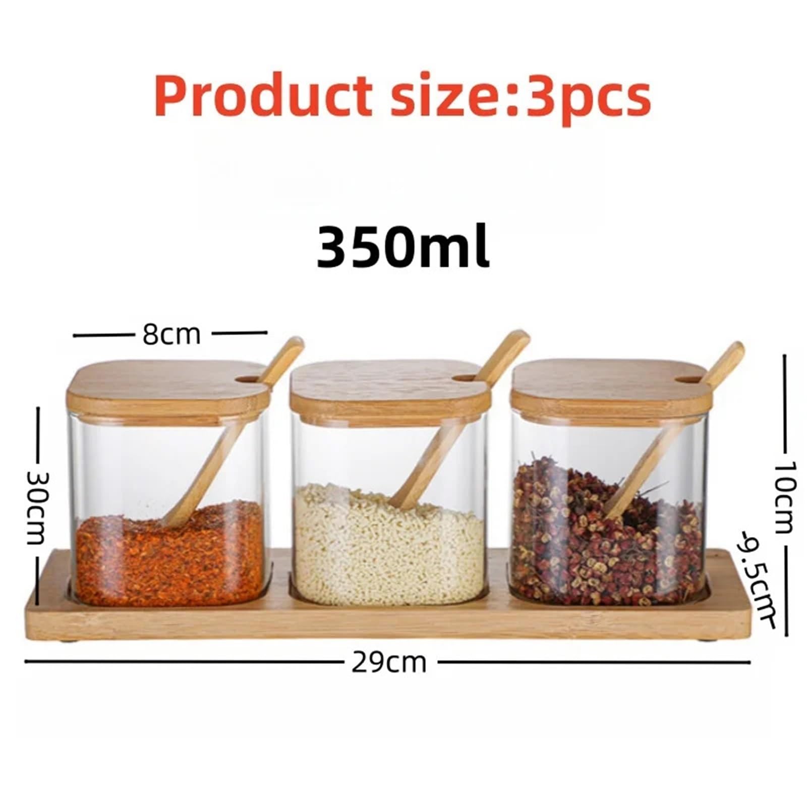 Set da 3 barattoli di vetro for condimenti con coperchio, cucchiaio e vassoio portaoggetti, sale, zucchero, spezie, contenitore for alimenti, organizer cucina per Cucina
