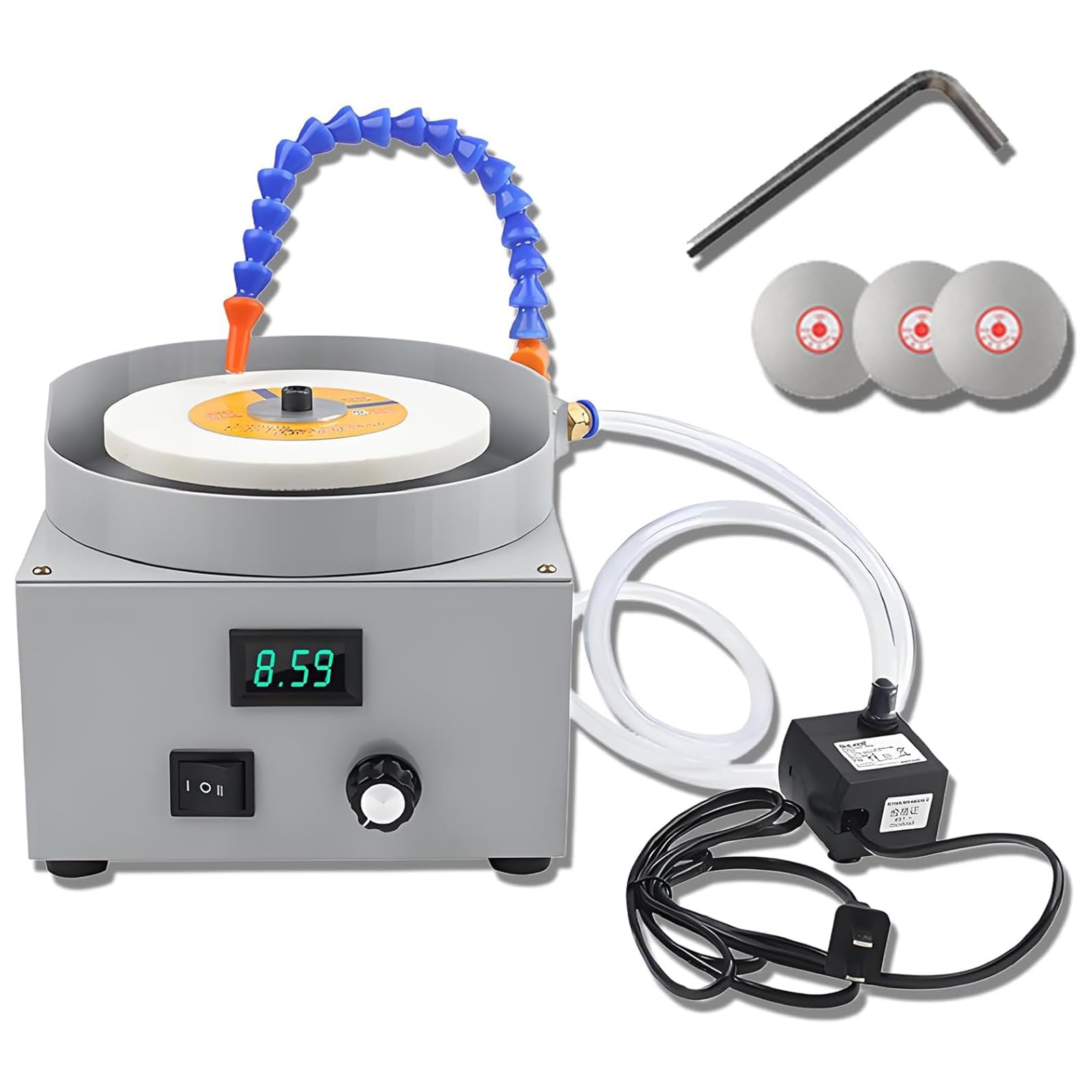 Lijadora De Banco Eléctrica, Afiladora De Cuchillos para Uso En Seco Y Húmedo, Velocidad Ajustable De 0 a 2000 RPM, con Muela De 80 Granos Y 3 Discos De Diamante