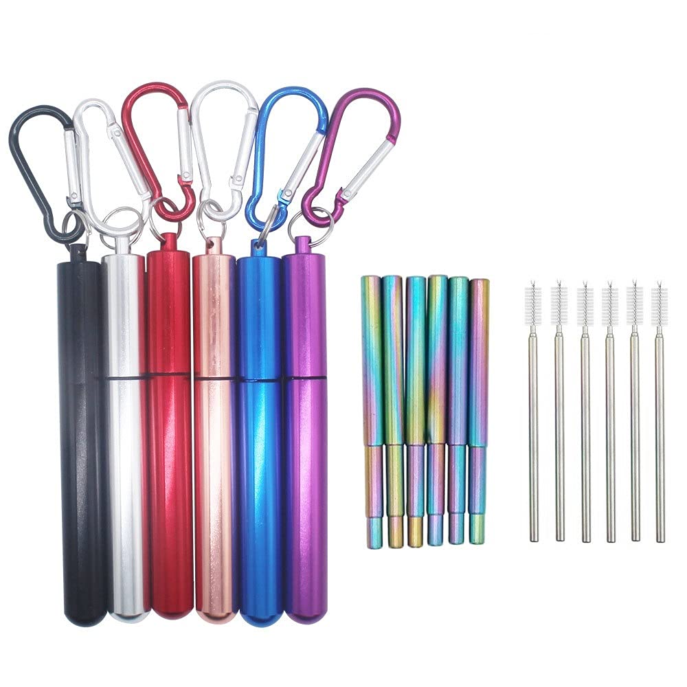 Strohhalm Edelstahl 6 Sätze wiederverwendbare Metallhalme zusammenklappbar Edelstahl Trinkhalm Tragbare Teleskop-Teleskop-tragbare Trinkhalme Wiederverwendbare Strohhalm (Color : Color)