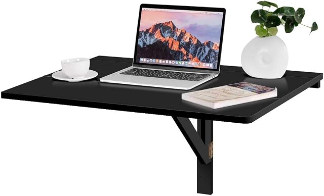 COSTWAY Wall-mounted Drop-leaf Table, Folding Floating Laptop Desk, Space Saving Hanging Table for Study, Bedroom, Bathroom, or Balcony, 80x60CM, Capacity 20KG (Black)