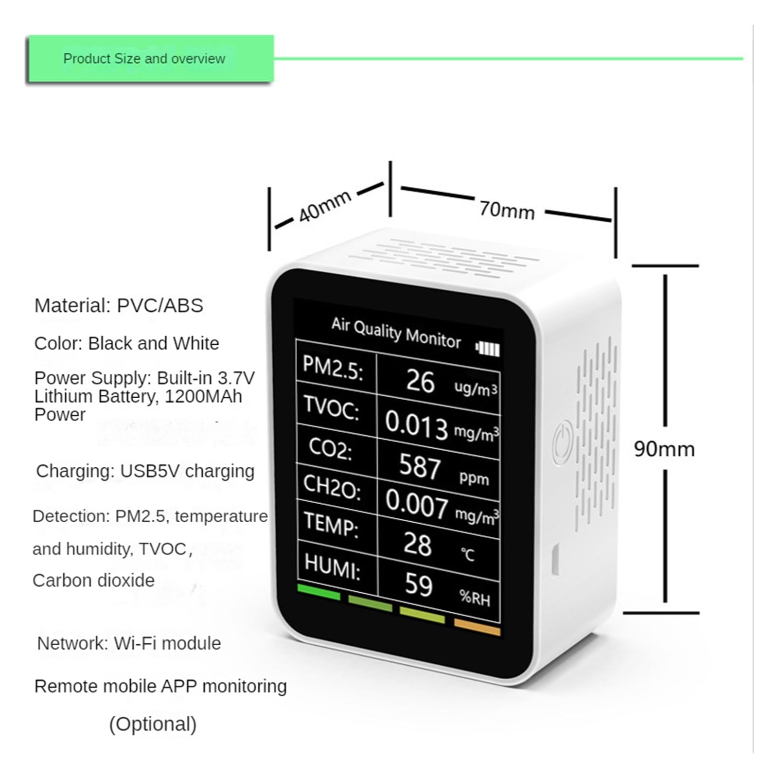 Misuratore Qualità dell'aria, 6 In 1 Rilevatore di Qualità 'Aria Tuya Tester di CO2 PM2.5 TVOC CO2 CH2O Monitor di Formaldeide Display TFT Analizzatore di Misuratore di Sensore di CO2 per Casa Cucina