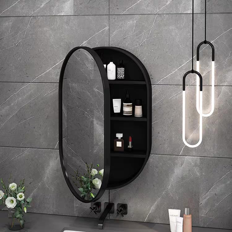 Botiquín de baño con espejo ovalado, marco circular de madera maciza, montaje en pared, 4 niveles, 19,7 x 30,7 pulgadas (estilo B, negro) miniatura 7