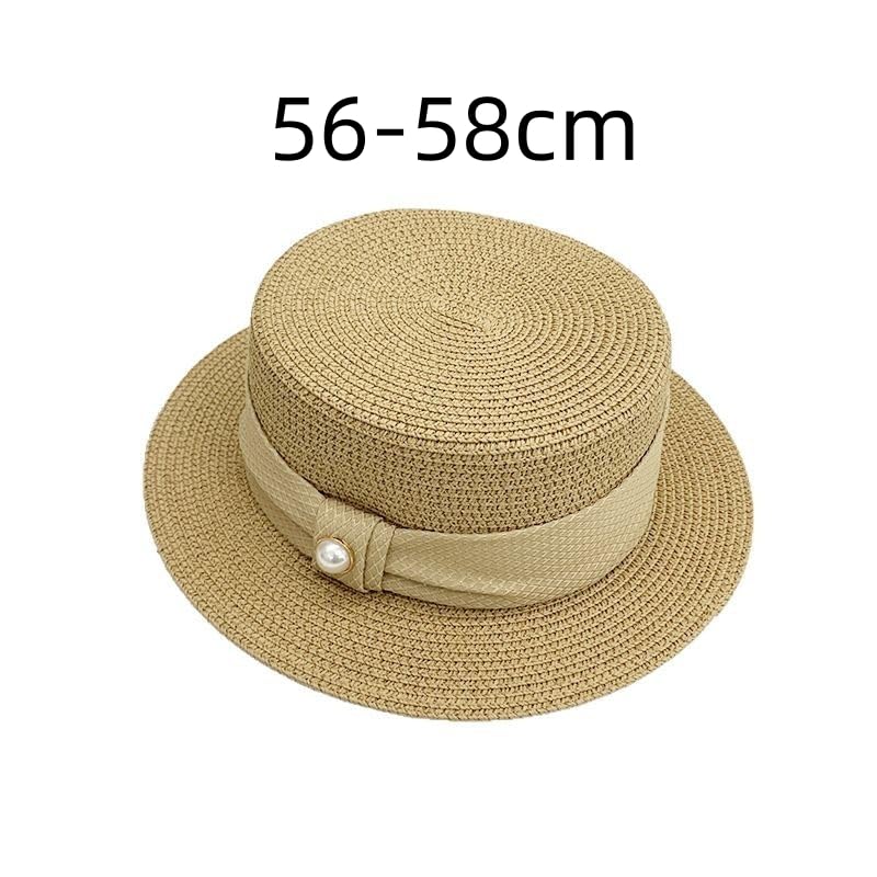 Sombrero de Paja de ala Ancha para Mujer,Ligero,Estilo Canotier,con Parte Superior Plana y Perla,Transpirable,para Actividades Al Aire Libre