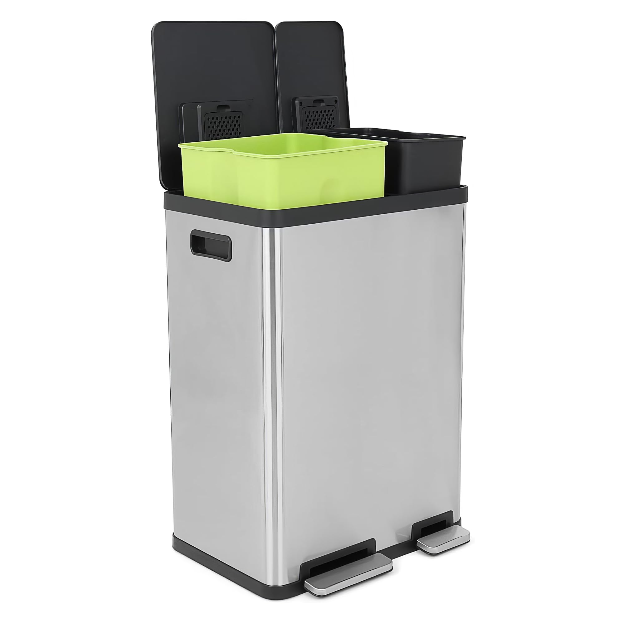 Simpli-Magic Rechteckiger Mülleimer mit zwei Fächern, 60 Liter, mit sanft schließendem Deckel, gebürsteter Edelstahl, 38 x 22 l Fassungsvermögen