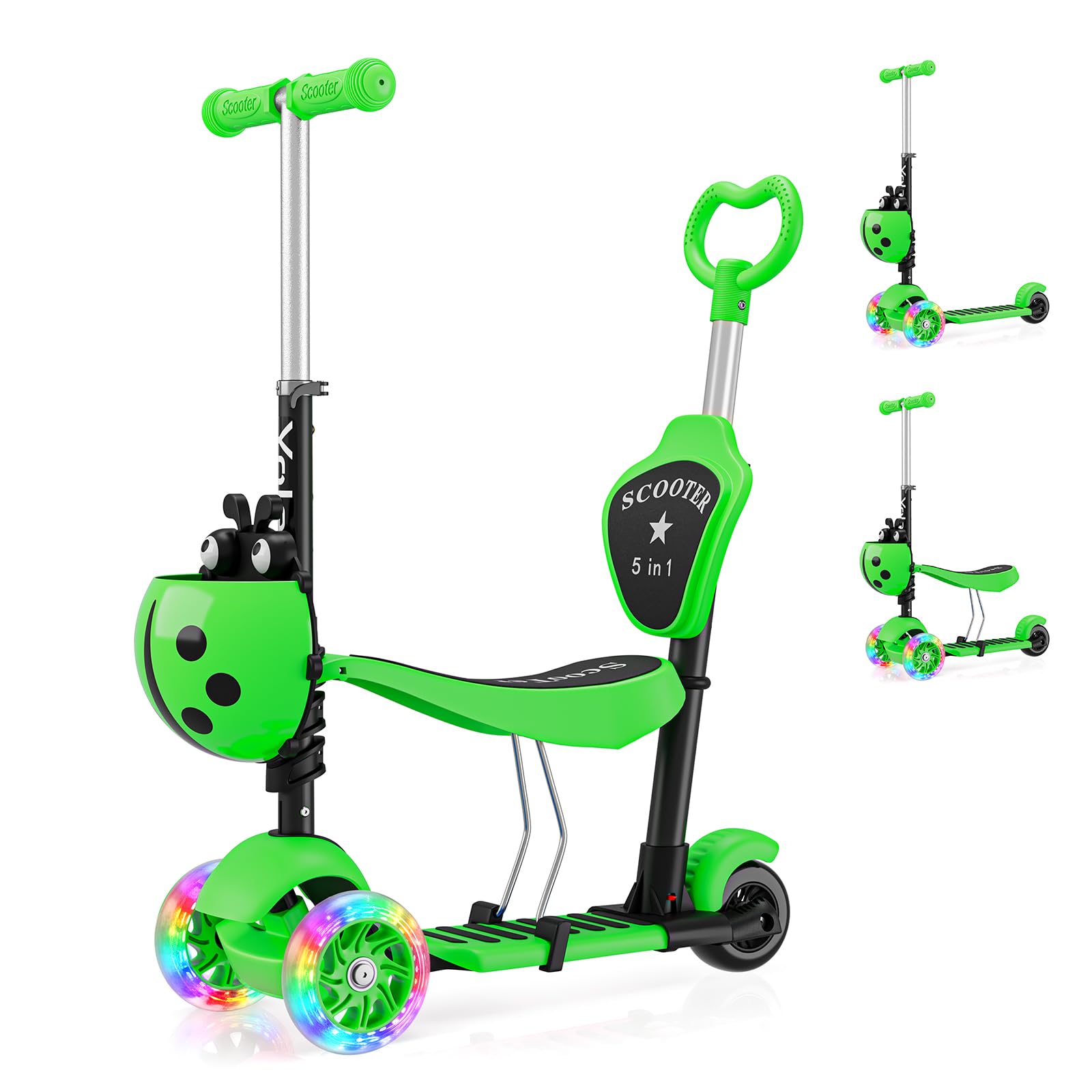 YOLEO Kids Three Wheel Kick Scooter with Removable Seat, LED Flashing Wheels, Height Adjustable