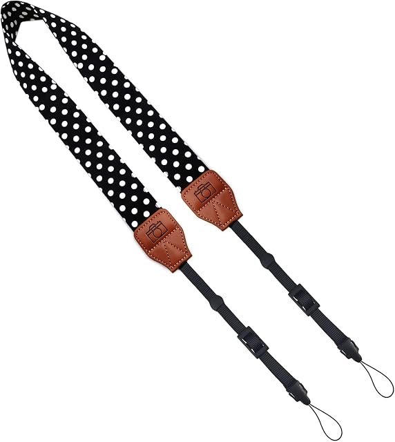CHMETE Quality Soft Cotton Polka Dots Universal Adjustable Camera Camcorder Shoulder Neck Strap Belt with Harness Adapter Fits for DSLR Camera (Black)