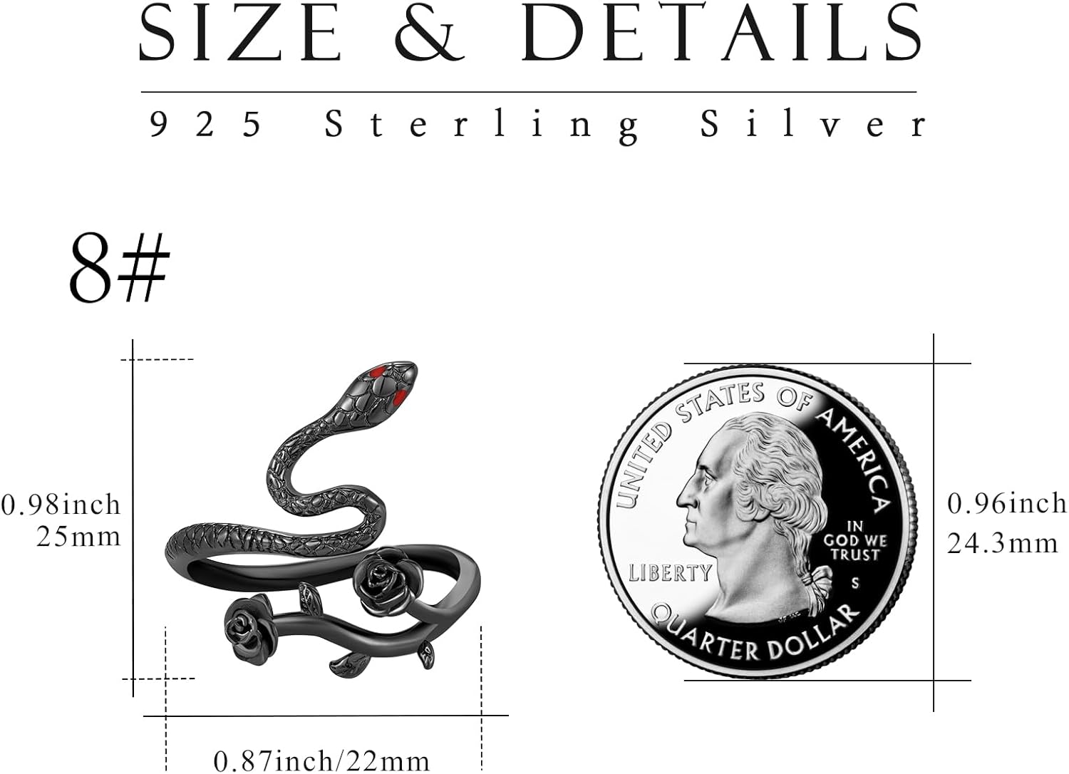 Gothic Rings for Women 925 Sterling Silver Snake Ring Gothic Rose Open Flower Goth Punk Ring Women