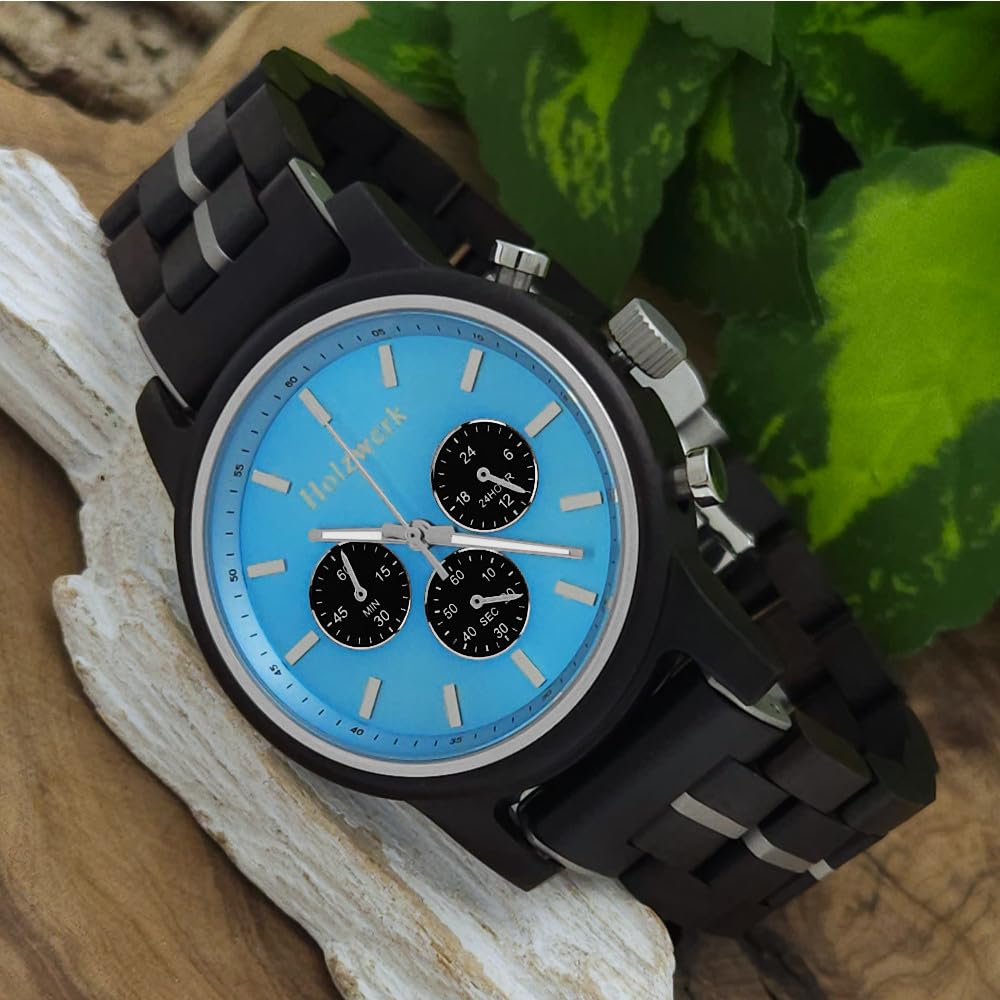 Holzwerk Germany Handgefertigte Designer Herren-Uhr Öko Natur Holz-Uhr Chronograph Armband-Uhr Analog Quarz-Uhr Braun Blau Datum Holz