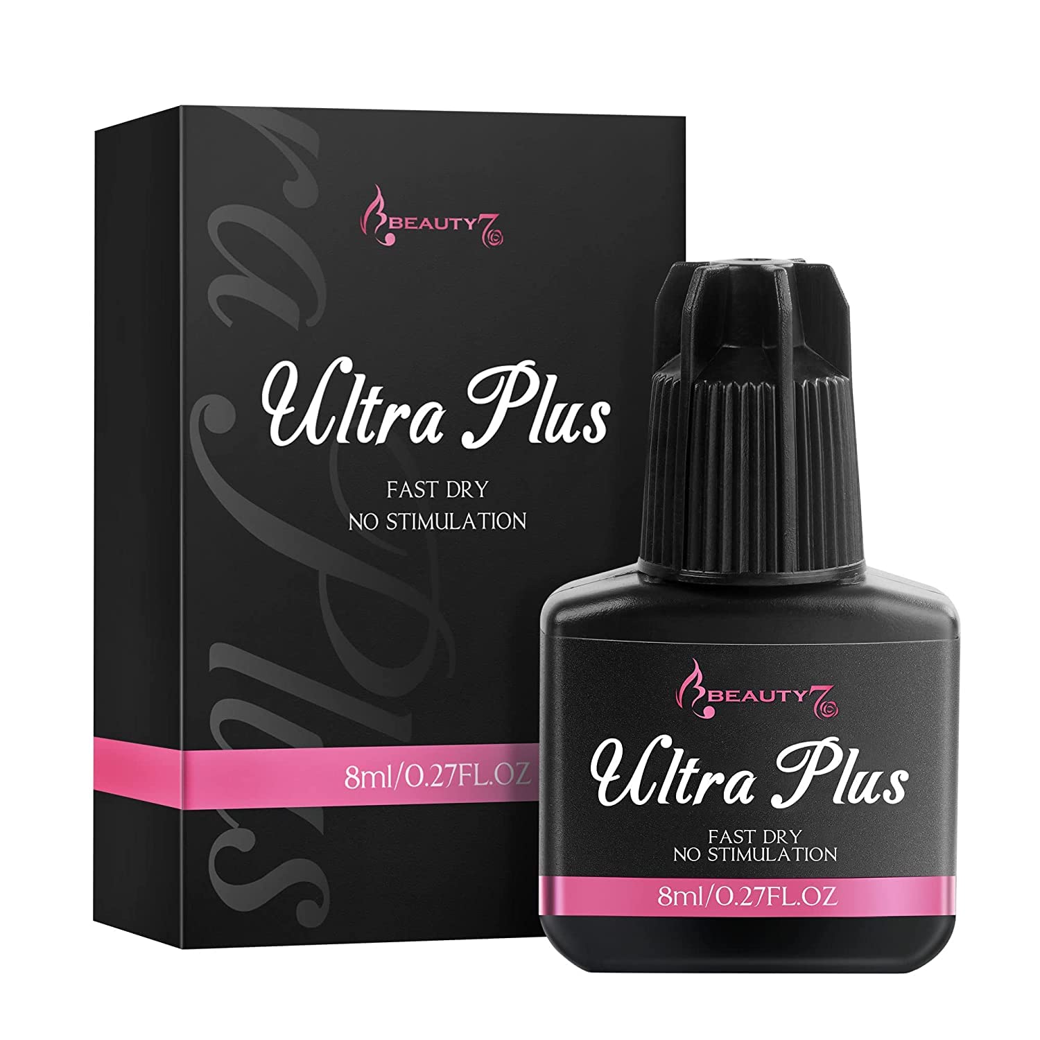 Beauty7Ultra Plus Fast Instant Bonding Individual Eyelash Extensions Adhesive Glue Black Fast Dry Long Strong Retention Non-Stimulation Semi Permanent Professional Lash Artists Tech Use 8ml