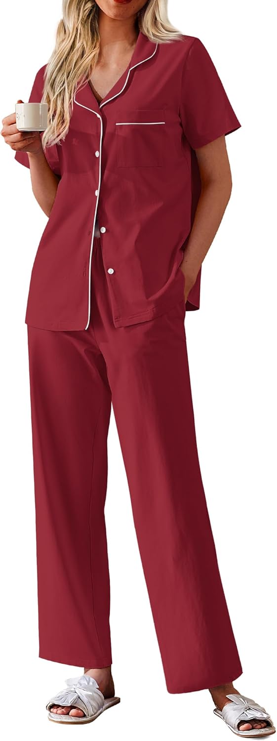 Ekouaer Women's 100% Cotton Pajamas Set Short Sleeve Button Down Pjs 2 Piece Soft Sleepwear with Long Pants Lounge Set Wine Red Medium