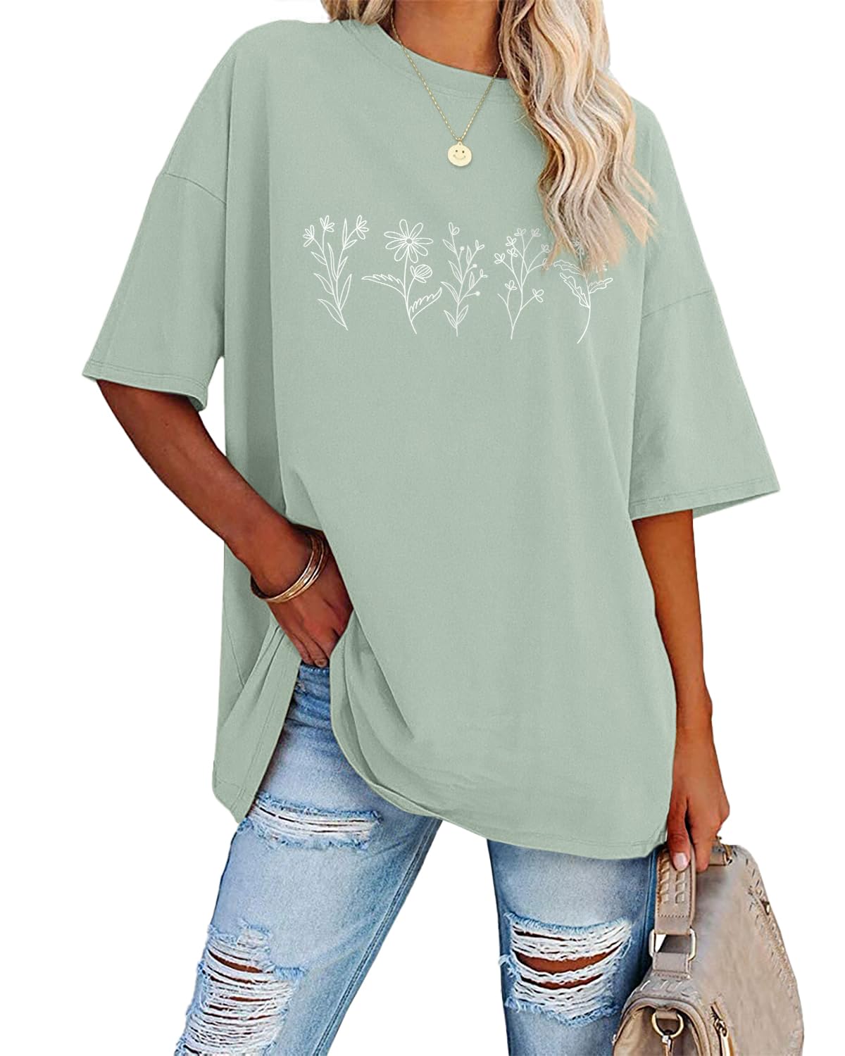 Inber Oversized Tshirts for Women Flower Graphic Tees Short Sleeve Shirts 2025 Summer Casual Loose Fit Beach Tops