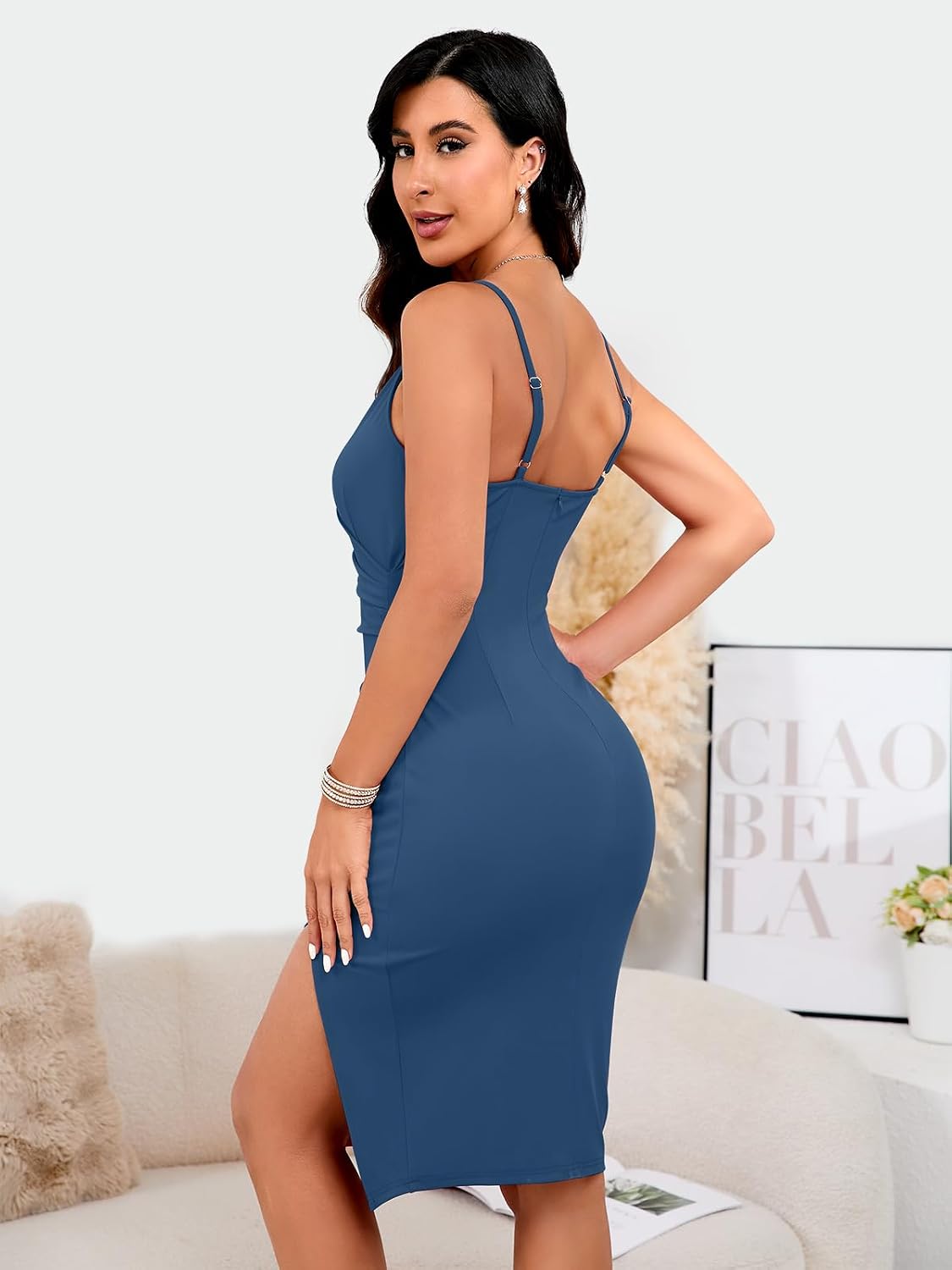 WAYMAKER Women's Sexy V Neck Spaghetti Strap Sleeveless Wrap Ruched Side Slit Bodycon Cocktail Party Wedding Guest Dress