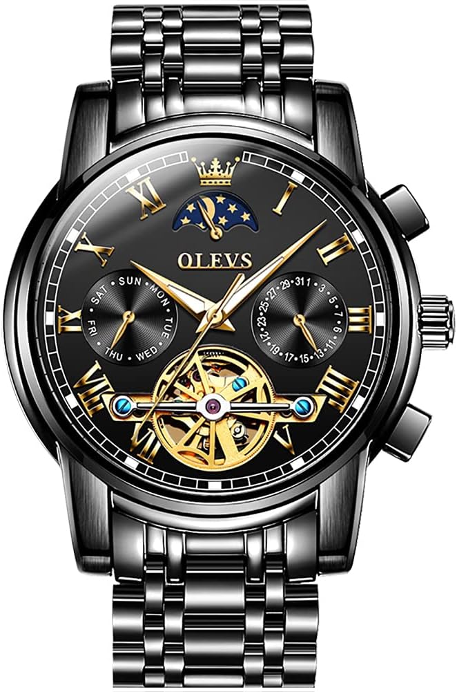 OLEVS Automatic Watches for Men Diamond Skeleton Mechanical Tourbillon Self Winding Luxury Dress Wrist Watches Calendar Luminous Waterproof