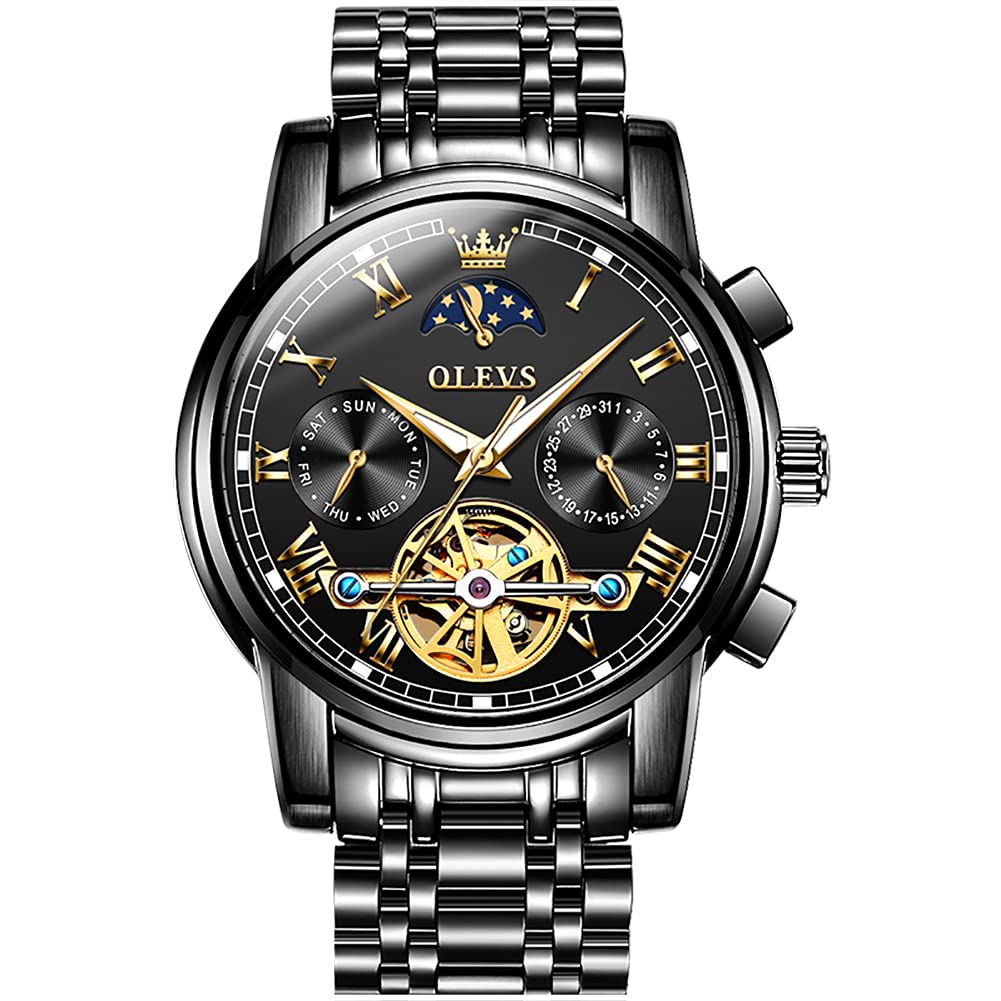 OLEVS Automatic Watches for Men Diamond Skeleton Mechanical Tourbillon Self Winding Luxury Dress Wrist Watches Calendar Luminous Waterproof