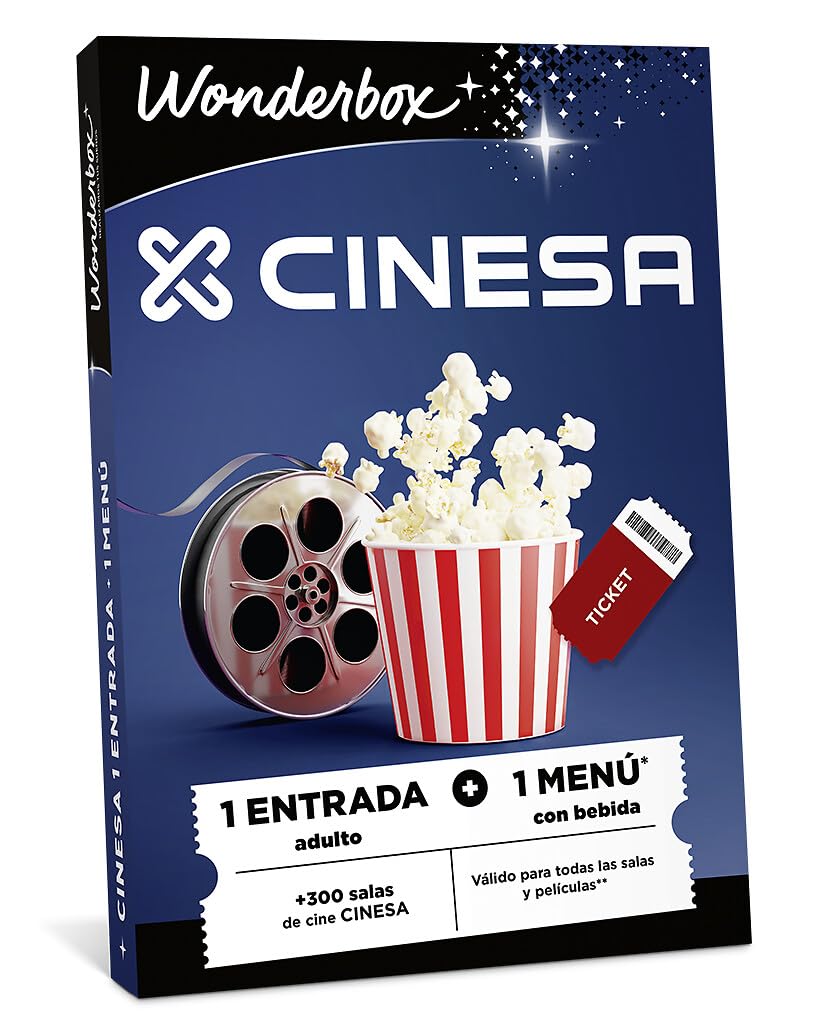 WONDERBOX - Caja Regalo - Cine + menú para 1 Persona - 1 Entrada de Cine + 1 menú Compuesto por Palomitas y Bebida para 1 Persona - Válido Durante 3 años y 3 Meses