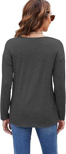 Miniatura 3 de Sherosa Camisetas de manga larga con cuello en V para mujer, ajuste holgado, estilo casual, color liso, básicas
