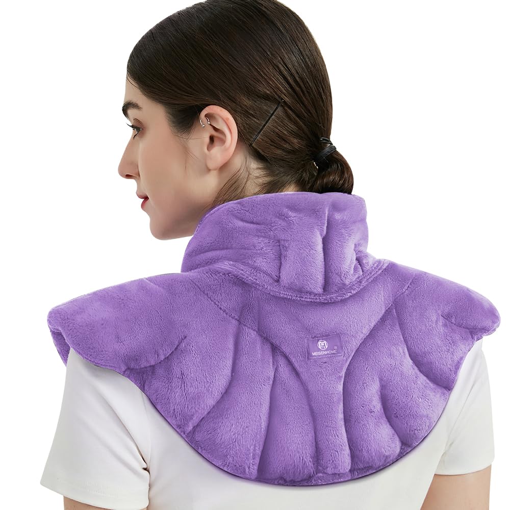 Microwavable Heating Pad for Neck and Shoulders, Weighted Microwave Moist Neck Wrap for Pain Relief Sore Muscle Stress Tension, Heated Wrap with Aromatherapy, Hot & Cold Compress, Purple
