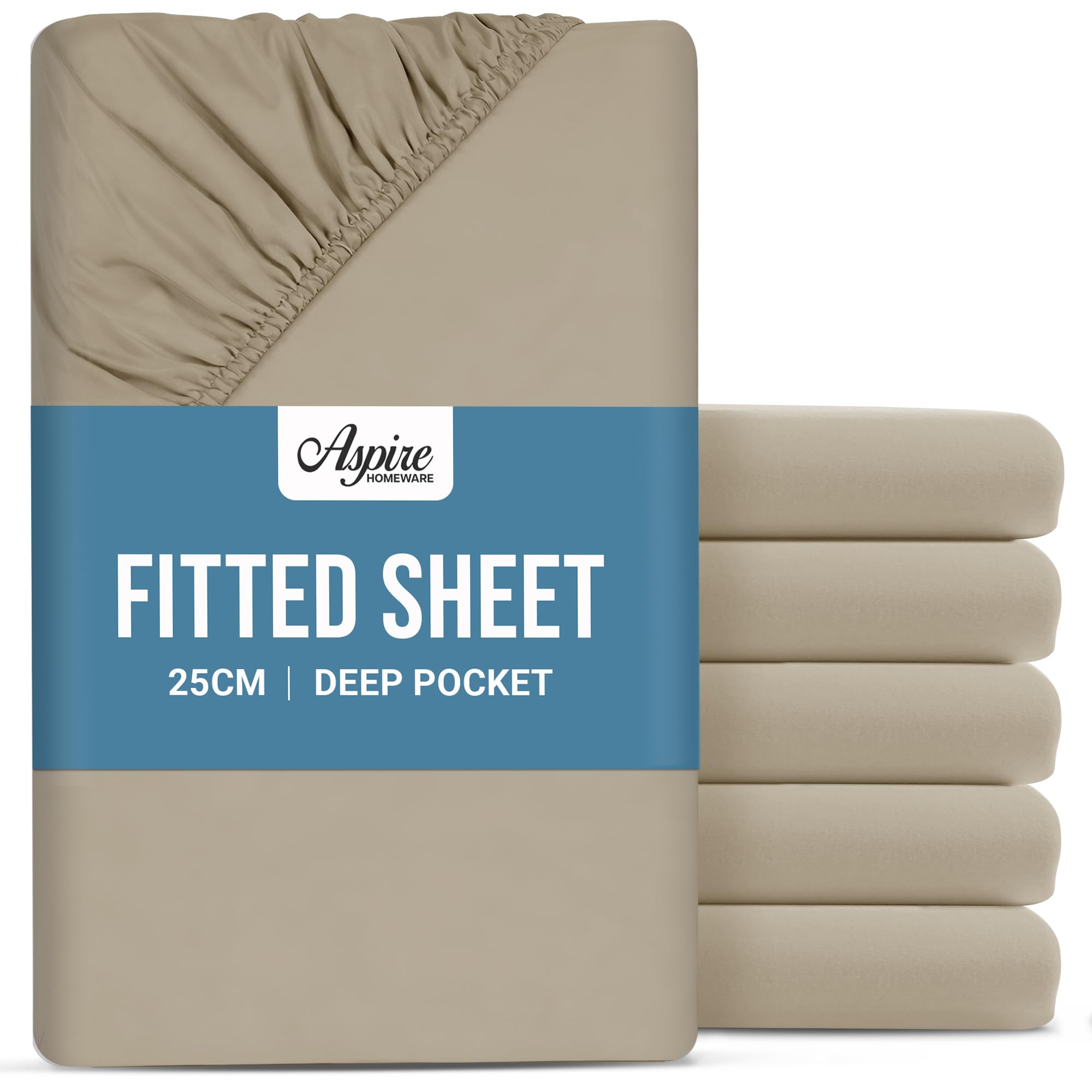 Aspire Homeware Double Fitted Sheet 6 Pack - 25 cm Deep Hotel Quality (Beige) Bed Sheets - Soft & Breathable Fitted Bed Sheets Double - Anti-Wrinkle Easy Care Bottom Sheets โ image 1