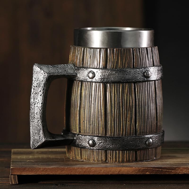 Miniatura 4 de Viking - Jarra de barril de madera creativa pintada a mano, jarra de cerveza de resina pintada a mano, taza de café 304 SS Liner Copa de vino hecha